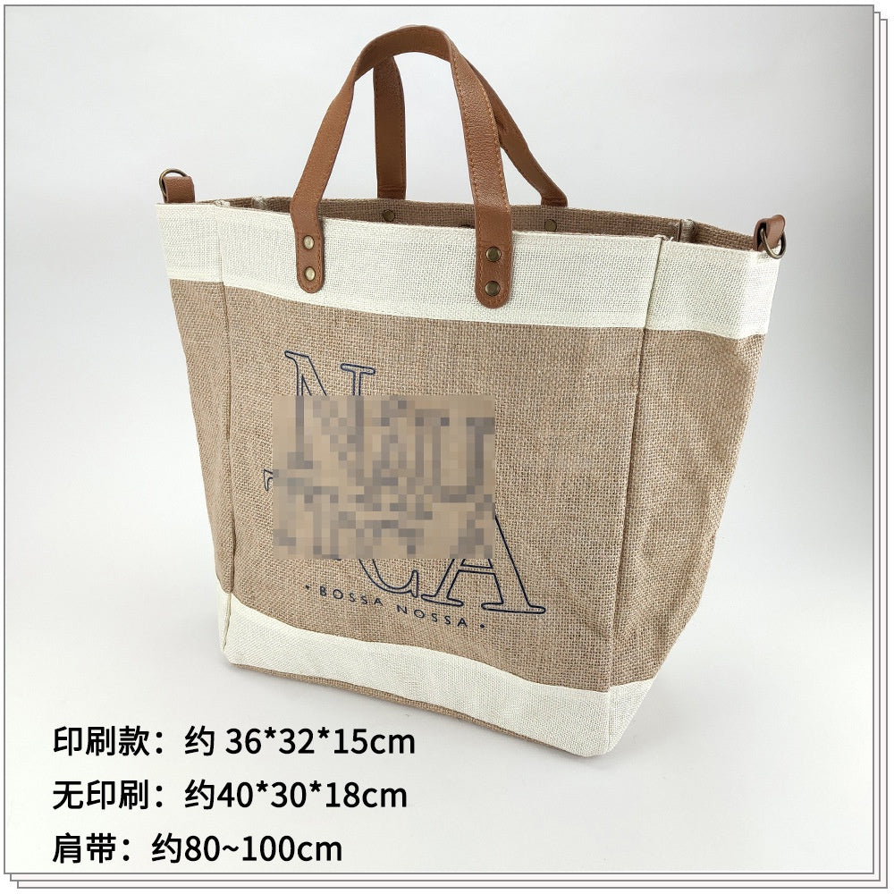 【Professional Customization】Cross-border Portable Fashion Sacks with Large Capacity and Single Shoulder Splicing Jute Shopping BagPrintable Logo Manufacturers Customized Various Sizes and Styles(minimum 50pcs)