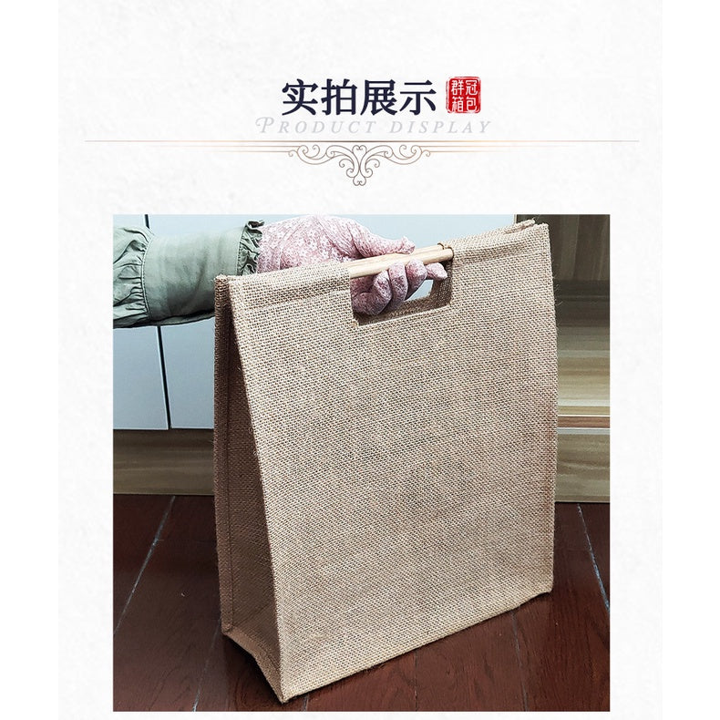 【Professional Customization】Hand-held Gunny Bag Custom-made Blank Non-printed Gunny Bag Round Stick Wood Hand-held Cotton and Linen HandbagPrintable Logo Manufacturers Customized Various Sizes and Styles(minimum 50pcs)