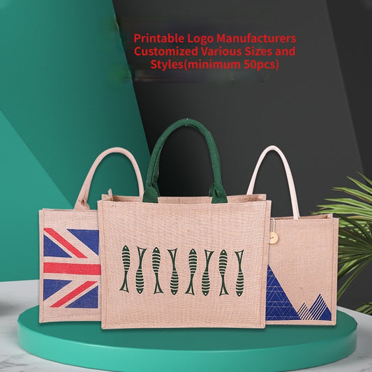 【Professional Customization】Have A Bottom Side Shopping Linen Bag Custom Logo Waterproof Spot Advertising Portable Imitation Jute BagPrintable Logo Manufacturers Customized Various Sizes and Styles(minimum 50pcs)