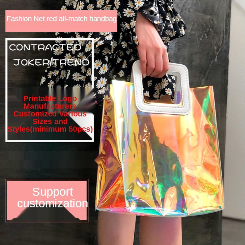 【Professional Customization】Customized High-end Transparent Jelly PVC Handbag Advertising Activities Hand Gifts Customized Logo Laser Net Red Bag Printable Logo Manufacturers Customized Various Sizes and Styles(minimum 50pcs)