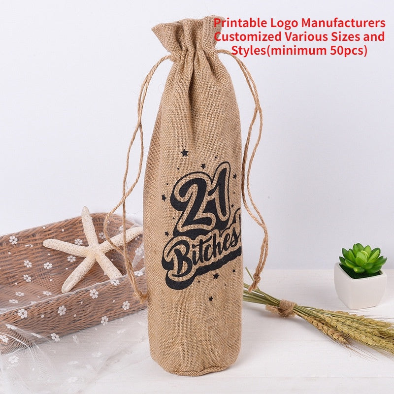 【Professional Customization】Linen Wine Bottle Cover Drawstring Bundle Mouth Red Wine Degradable Cloth Bag Printable Logo Manufacturers Customized Various Sizes and Styles(minimum 50pcs)