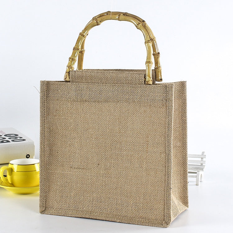 【Professional Customization】Bags Custom Logo Bamboo Portable Yellow Linen Handbag Shopping Bag Custom Foreign Trade Jute Portable Bag Wholesale Printable Logo Manufacturers Customized Various Sizes and Styles(minimum 50pcs)