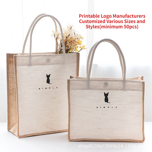 【Professional Customization】Vintage Literary Jute Bag Jute Shopping Handbag Custom-ordered Bamboo Festival Hand-made Printing LogoPrintable Logo Manufacturers Customized Various Sizes and Styles(minimum 50pcs)