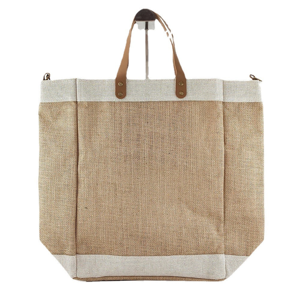 【Professional Customization】Cross-border Linen Bag  Retro Jute Bag Stitched Cotton and Linen Shopping Bag PU Leather HandbagPrintable Logo Manufacturers Customized Various Sizes and Styles(minimum 50pcs)