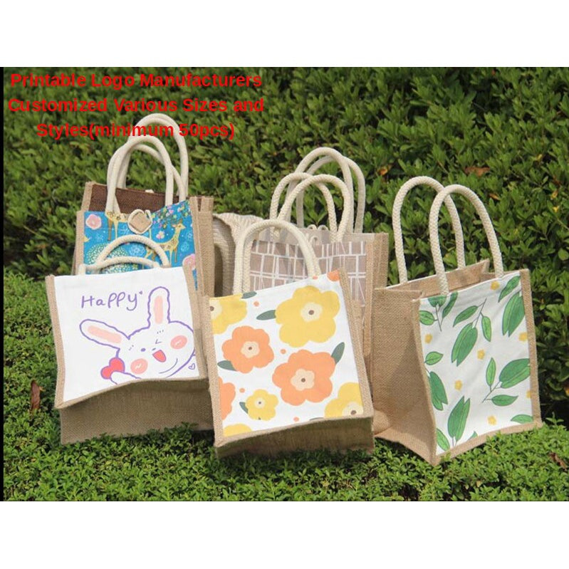 【Professional Customization】Jute Shopping Bag Linen Bag Small Fresh Rice Bag Cotton Hemp Retro Canvas Handbag Bag Printable Logo Manufacturers Customized Various Sizes and Styles(minimum 50pcs)